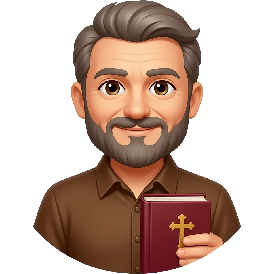 wise old man with grey brown hair no collar brown shirt slight smile brown eyes beard with burgundy book that has a cross on it no circle emoji