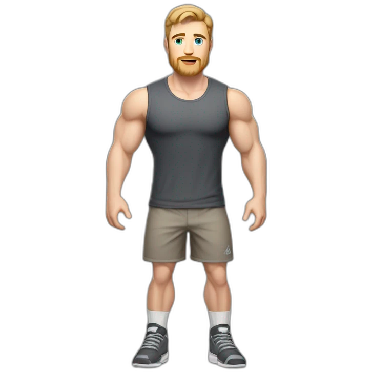 Full height Pale skinned fit man With biceps, Realistic eyes and mouth, light brown hair and stubble In dark gray sleeveless mike, black oversize sports shorts, watch and white sneakers. emoji