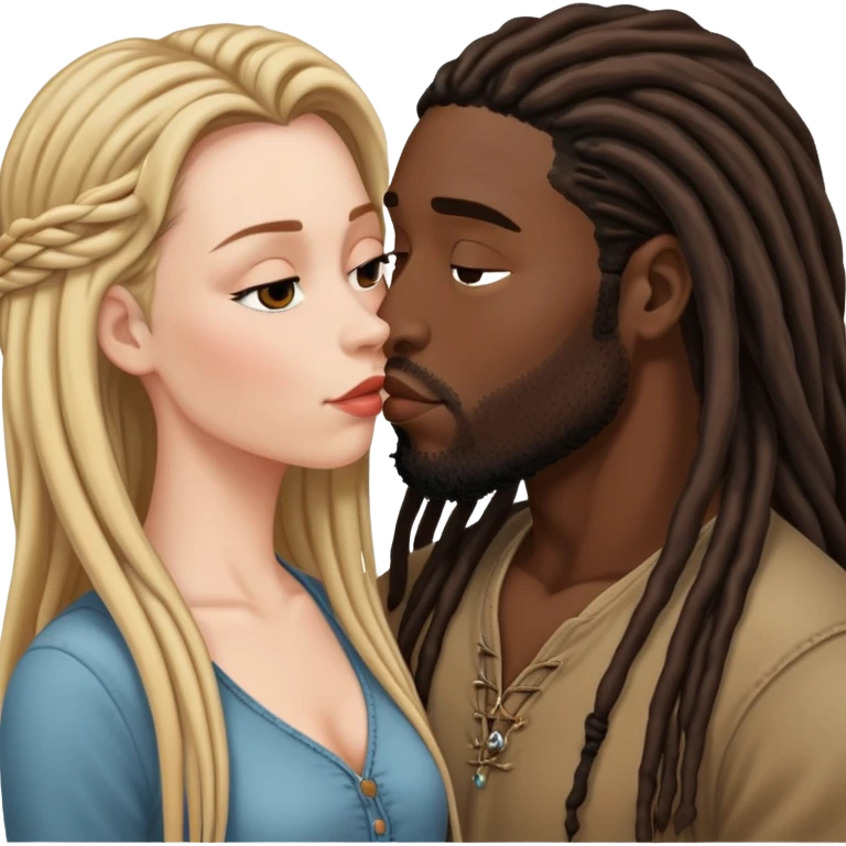 White Woman with long hair kissing a black guy with dreads no beard emoji