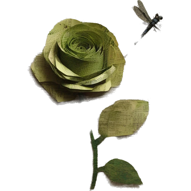 Shakespeare made of newspaper cuttings handwriting 420 hemp roses flowers plants leaves dragonfly mulberries Italy emoji