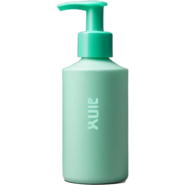 Turquoise pastel Green cosmetic bottle with a press pump lid all one colour and matte - on the front it says Kurl Kitchen in pine green colour emoji