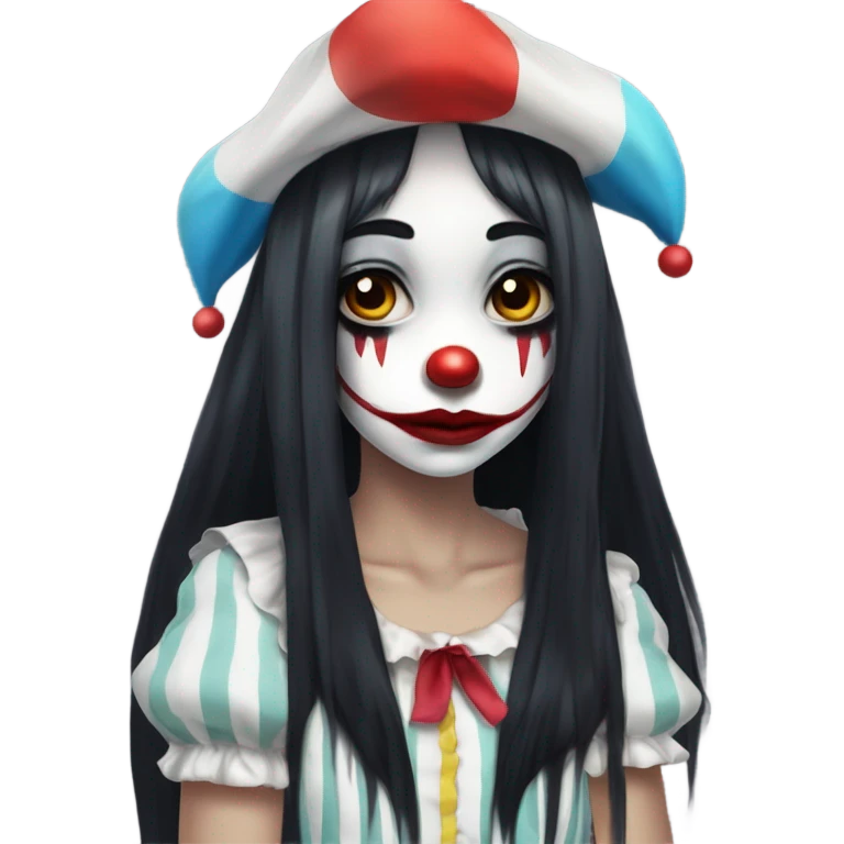 Anime style Sad clown girl with clown face paint wearing cap n bells cockcomb jester hat with long straight black hair exaggerated expression on her face  emoji