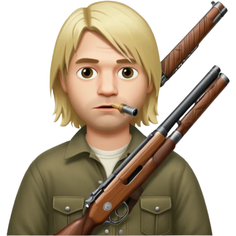 Kurt Cobain holds a double-barreled shotgun with the barrel in his mouth emoji