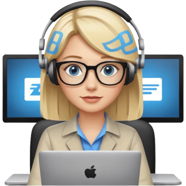 donna bionda occhi azzurri con occhiali, capelli media lunghezza lisci, è al pc è una grafica editoriale e redattrice emoji