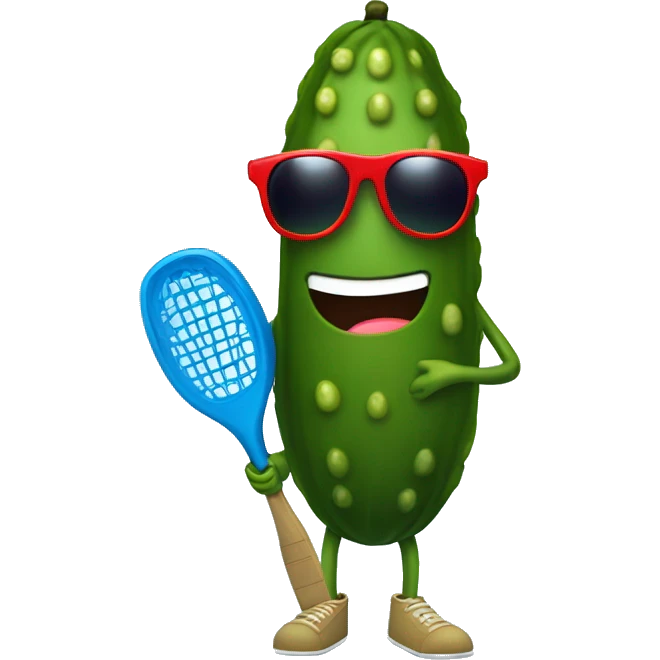 pickle with legs, holding a solid red paddle ball racket, blue backgound, wearing sunglasses emoji