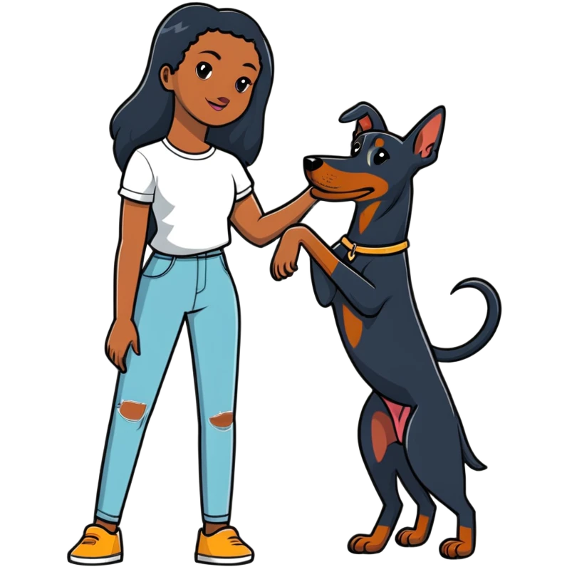 Black girl with long hair holding a Doberman dog emoji