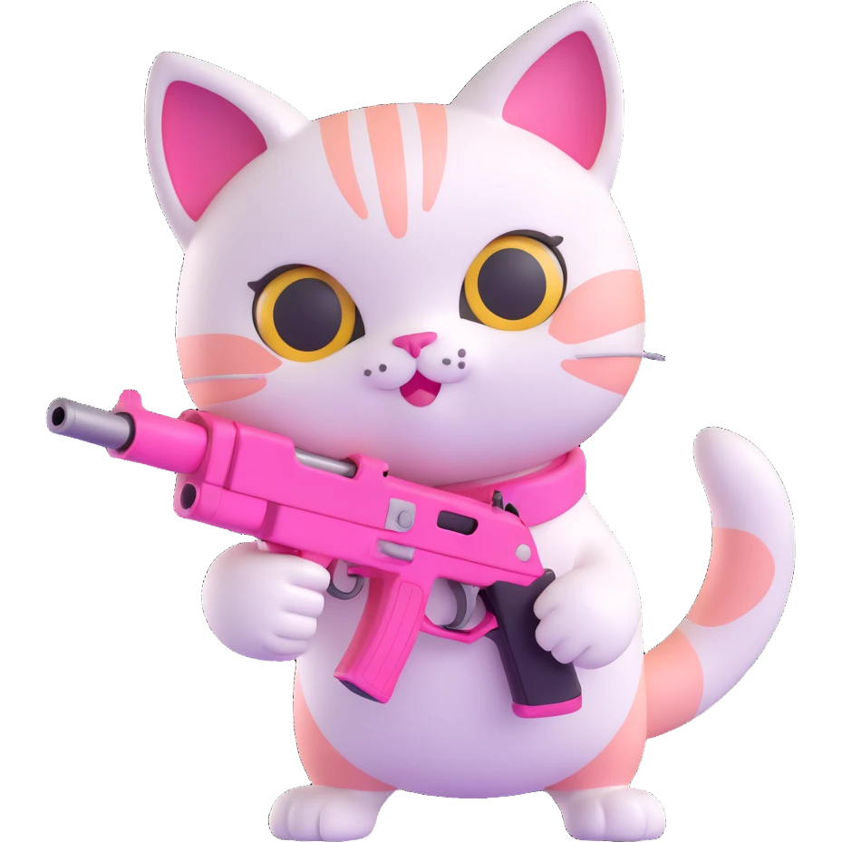 cute pink cat holding a pink gun, glossy finish, adorable face, playful stance emoji