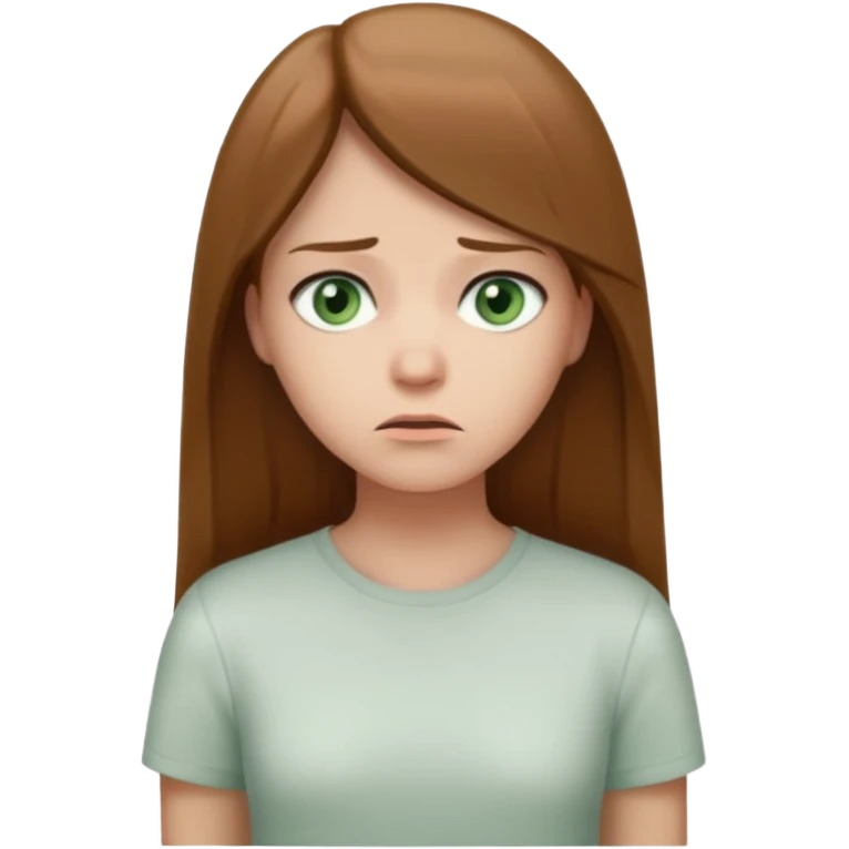 Cartoon emoji of a girl with long, straight light brown hair, fair skin, soft green eyes. Wearing a white top, standing slightly apart from a group, looking unsure and miserable. Nervous, fearful, lacking confidence. Smooth, simple, stylized." emoji