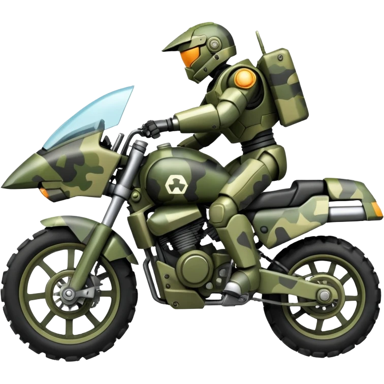 a camouflage army massive mech motorcycle shooting forward enemy mech off-road racing motorcycle  emoji