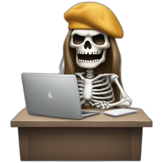 a-scary-skeleton-with-long-hair-and-beret-sitting-at-computer emoji