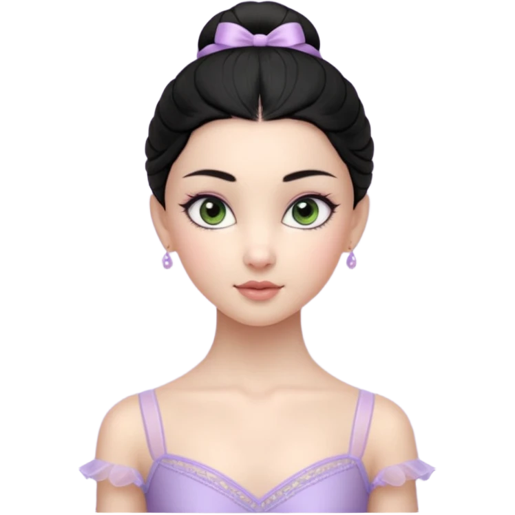 Cinematic Realistic ballerina Light Purple Portrait, depicted with lifelike skin texture, subtle rosy undertones, and soft natural lighting that enhances the gentle contours of her face. Her intricately detailed sweet black hair is elegantly styled, green eyes emoji