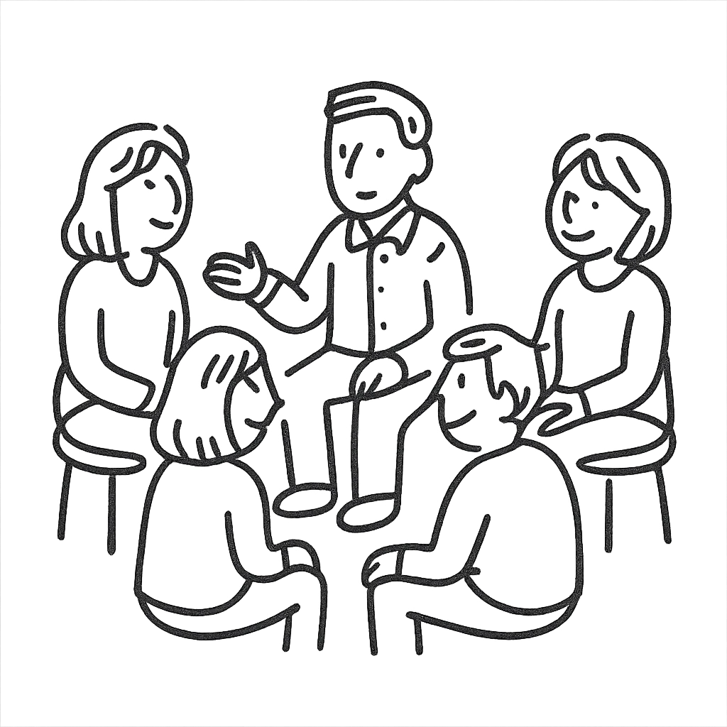 a friendly work team during a circle briefing, hand-drawn style, sketchy lines, relaxed atmosphere, people in a circle, simple color palette emoji