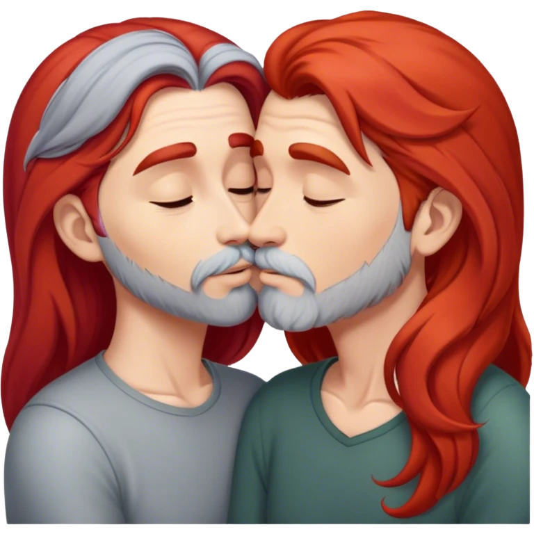 Long red hair woman kissing man with short gray hair and facial hair emoji