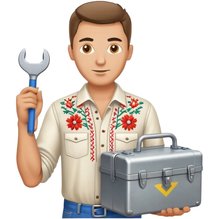 Ukrainian man in traditional embroidered shirt holding a toolbox emoji