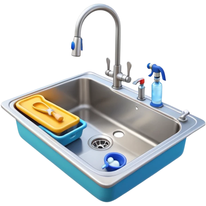 3D Pixar-style kitchen sink with a faucet and water running, some plumbing tools nearby, bright clean look, realistic but colorful, isolated on white

 emoji