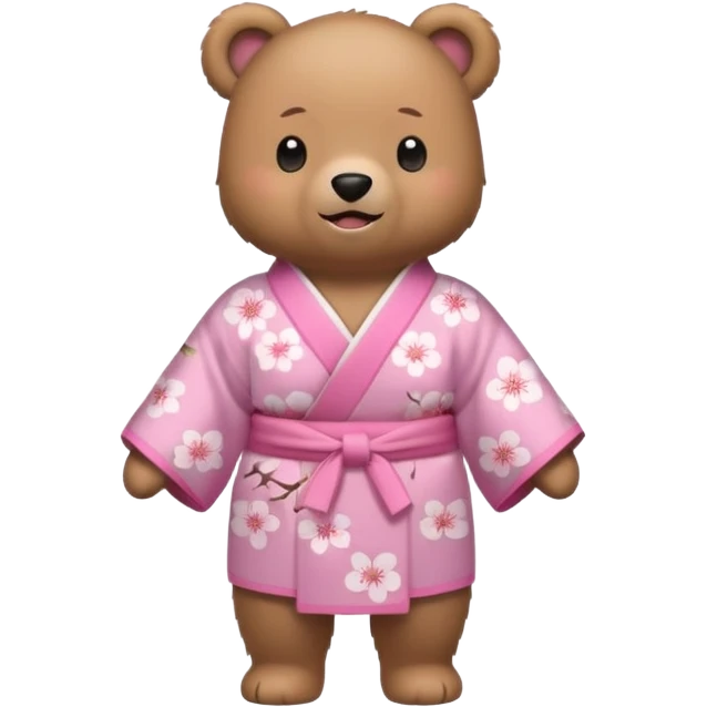 A cute light-brown bear wearing a pastel pink sakura-patterned kimono, normal balanced body ratio.  
Standing under a blooming sakura tree, looking up at falling pink petals with a soft amazed smile.  
Kawaii emoji style, minimalistic clean sticker illustration, simple scenic background. emoji