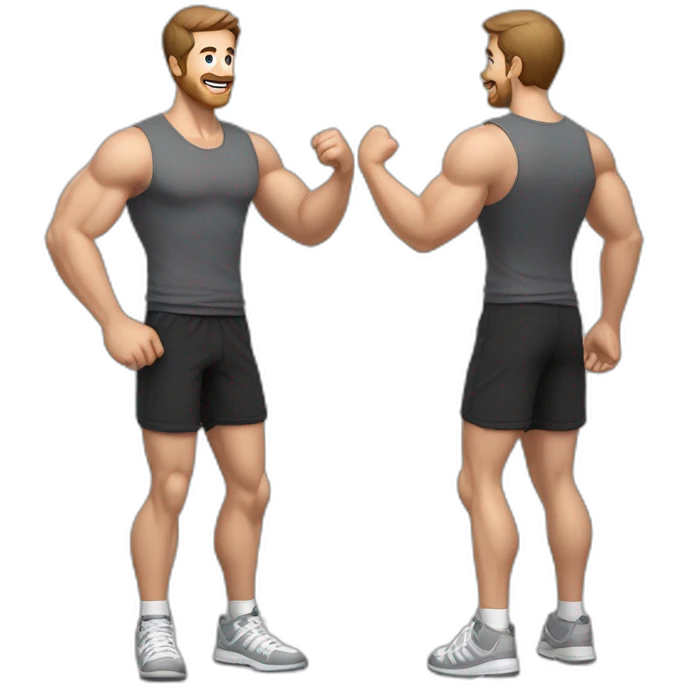 Full height realistic Actively gesturing with hands Pale skinned Fit Man With the biceps and brown hair in dark gray Sleeveless Mike, black oversize sports shorts, watch and white Sneakers emoji
