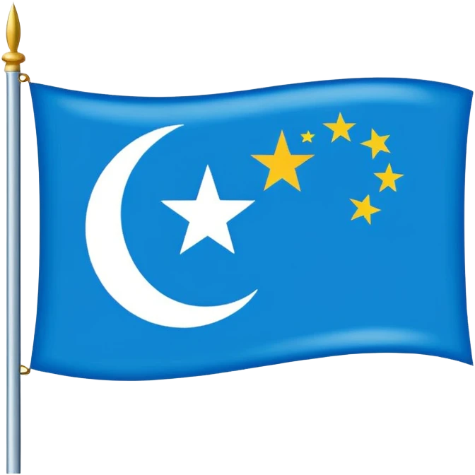 East Turkistan flag, bright sky-blue background, white crescent moon and five-pointed star in top-left corner, flat vector style, simple and clear design. emoji