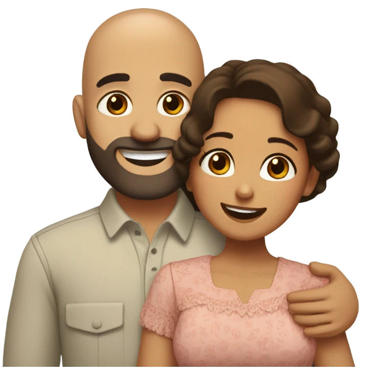 Brown-haired Puerto Rican woman with dark brown eyes wearing a cute blouse giving a comforting hug to a short, bald man with brown eyes, laugh lines, and a beard emoji
