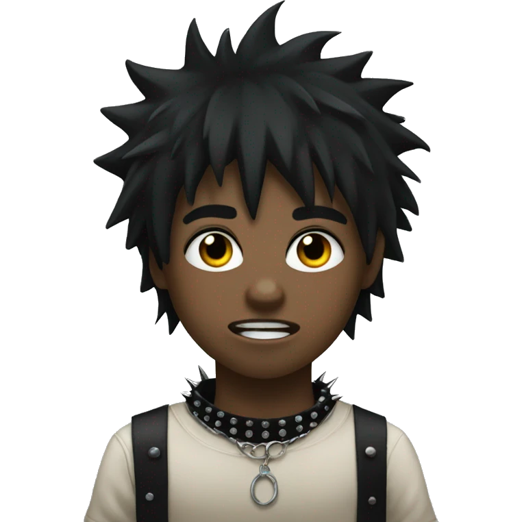 boy with black hair and spiked choker with black tears running out of eyes emoji