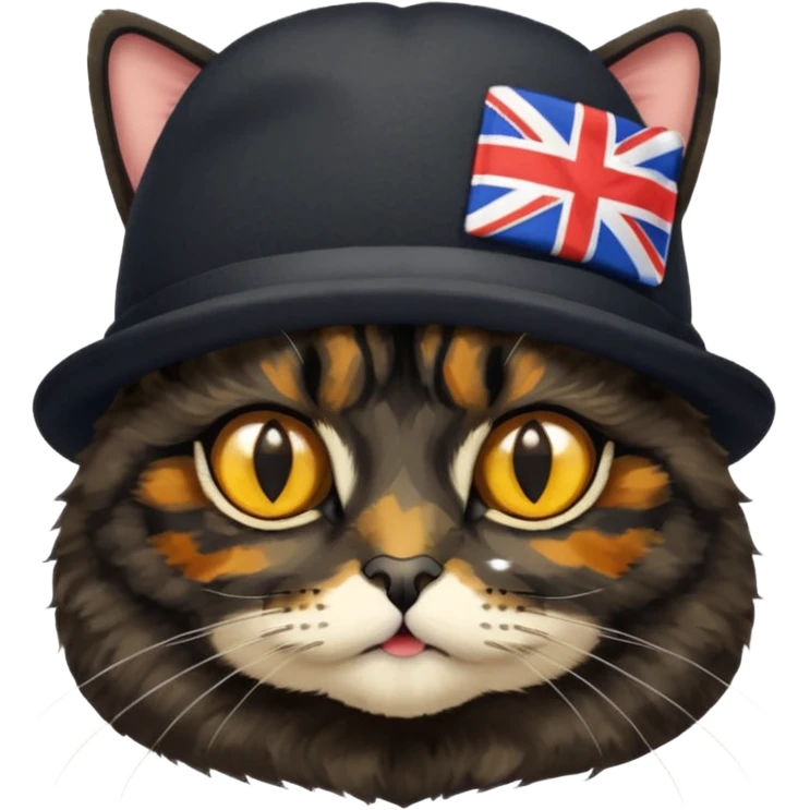 mostly black tortoiseshell cat, gold eyes, british hat emoji