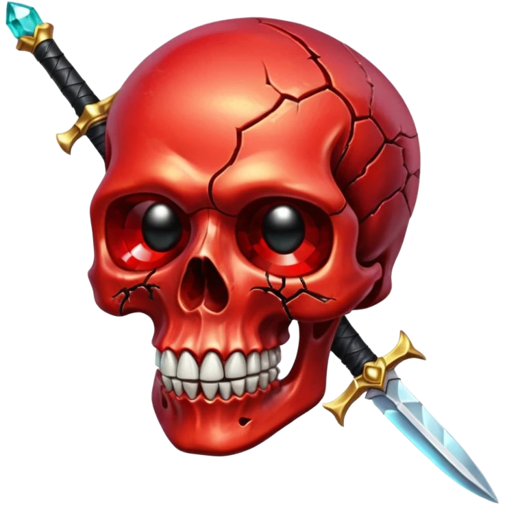 make me a red crystal skull partly see thew super gem like make it realistic and held together by a black bow and a small dagger to the eye with cracks coming from it have the bow be loosely tied around the skull holding it together make the blade super realistic  emoji