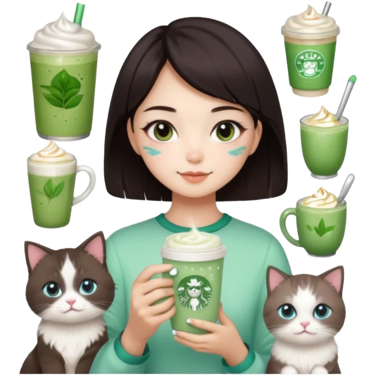 asian girl with shoart dark brown hair with a soft girl glowup aesthetic. matcha latte sparkles girly things, 2 ragdoll cats, skincare, makeup emoji
