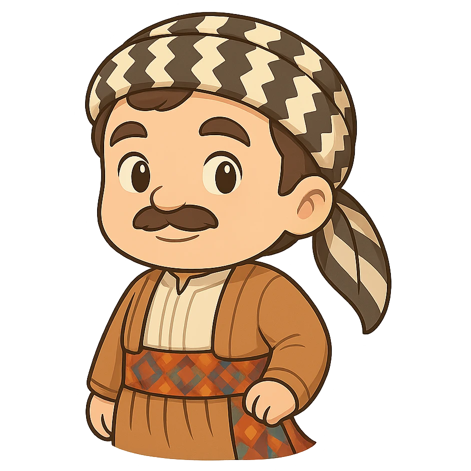 Create a chibi Kurdish cartoon sticker based on the reference image, showing a proud (confident) expression, with a transparent background. emoji