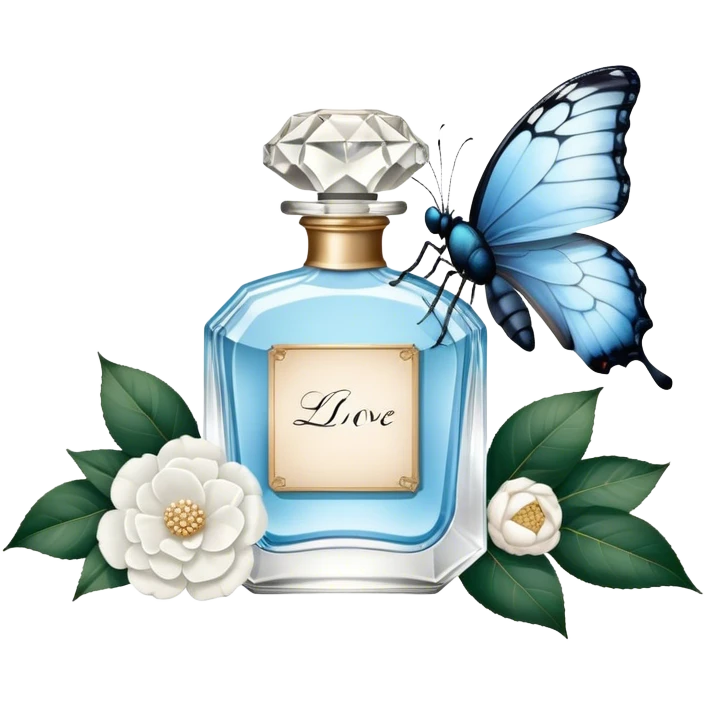A nostalgic composition of an antique perfume bottle with a crystal stopper, an old love letter, and a single pale blue butterfly resting atop a white camellia.
 emoji