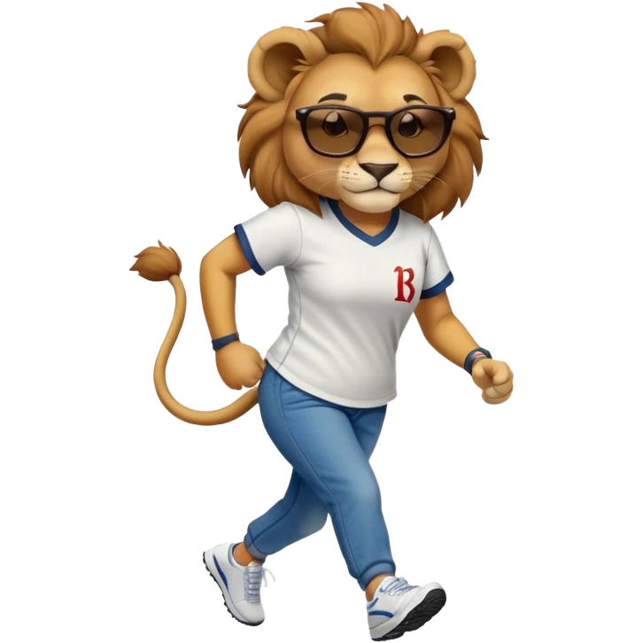 confident anthropomorphised female lion wearing a baseball shirt, jeans, trainers, dark sunglasses, jogging upright, looking self-assured emoji