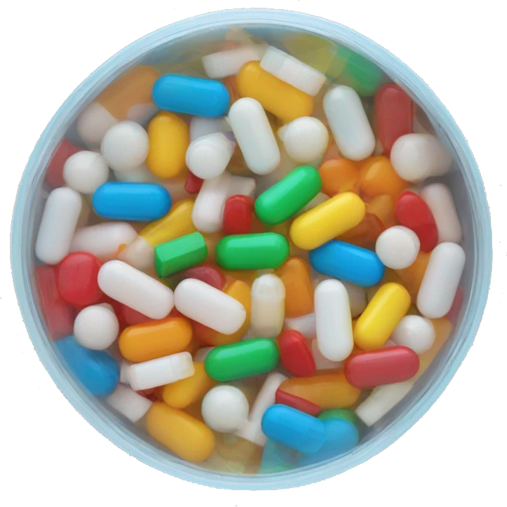 Small translucent circular plastic container with colorful pills inside emoji