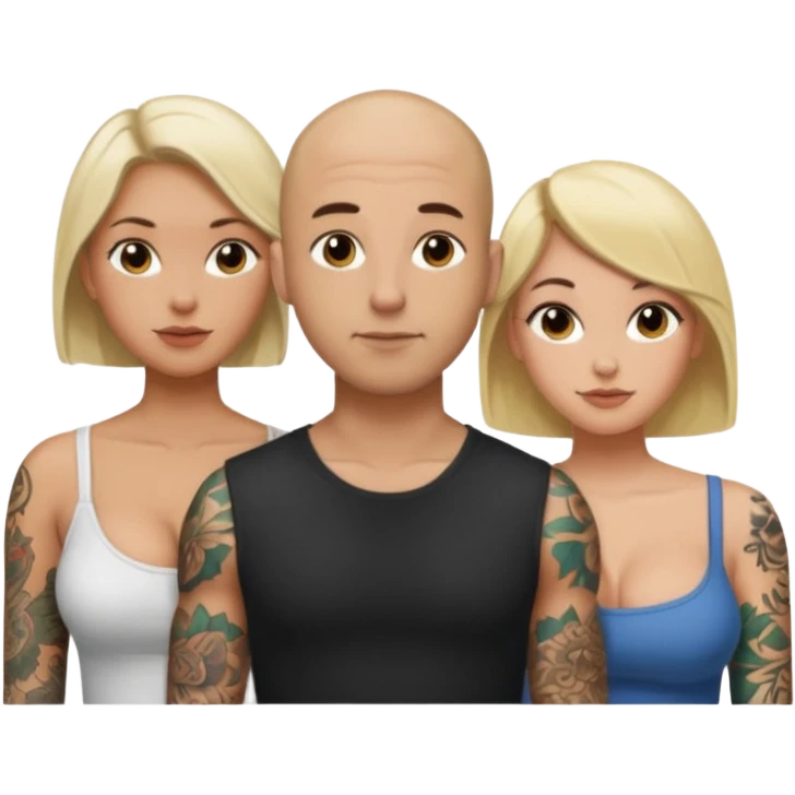 throuple tattooed bald boyfriend with  blonde long hair female and another curly short haired brunette big boobs emoji