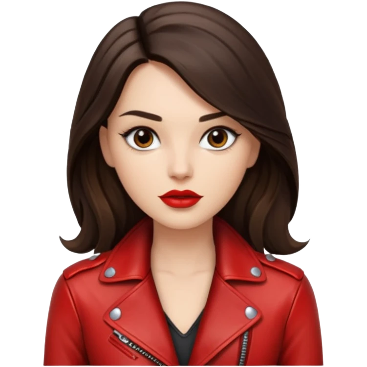 brunette with long hair in cuir jacket with red lips and black brown eyes emoji
