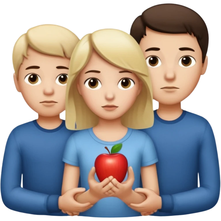 Apple iOS emoji style.
A girl holding hands with two boys at the same time,one boy si brunette the other blonde, one on each side.
The girl has a suspicious, guilty expression, slightly turned eyes.
The boys look neutral and unaware.
 smooth gradients, rounded shape emoji