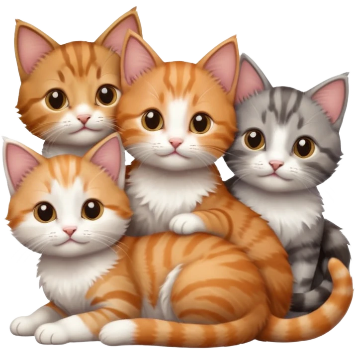 6 tiny kittens cuddling together all different colours, the first one is grey and white, the second is ginger and white and the third is brown tabby and white emoji