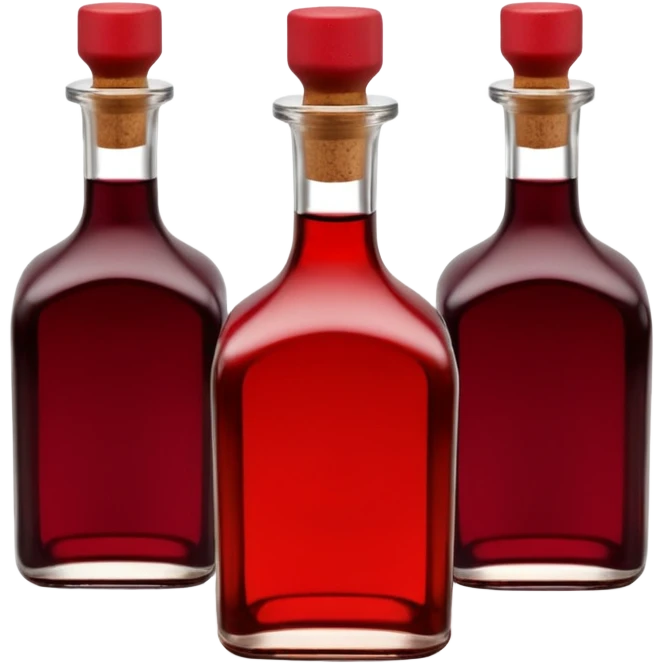 Red wine vinegar and oil bottles, elegant glass, dark brown to ruby, round or square base, slender neck, cork or metallic cap, dark glass, reflections, 3D clean style, transparent background, optimized for emoji size emoji