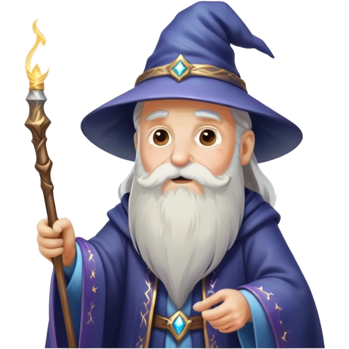 old man wizard with a beard casting a spell with a wand with sparkles and magic emoji