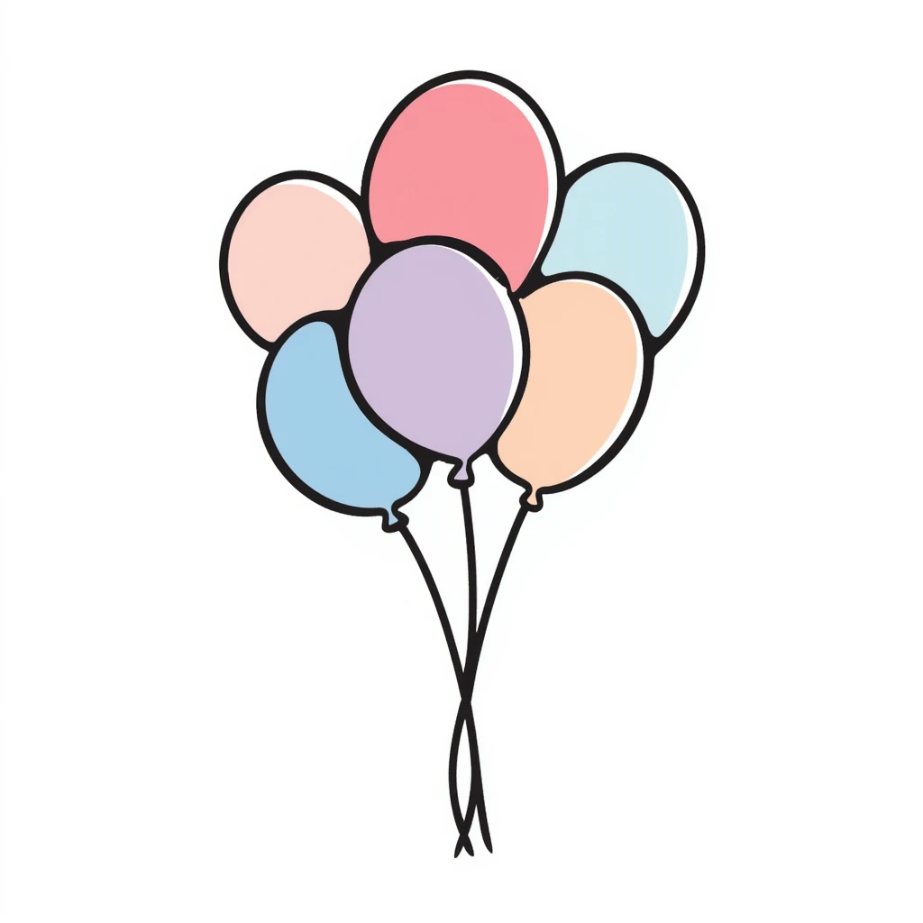 Colorful birthday balloons with strings. Hand-drawn doodle style using pastel colors (pink, light blue, lavender, peach). Simple festive balloon bunch with different shapes and sizes. Celebratory design perfect for birthdays. emoji