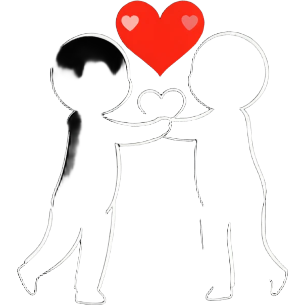 Two silhouettes embracing in a passionate moment with hearts floating around emoji