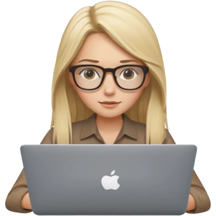 Girl in glasses, blonde long hair, sitting with MacBook , brown blouse, typing on gray MacBook emoji