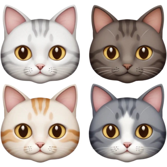 4 different coloured short haired cats including; a dark brown tabby and white cat, and a dark grey and white  emoji