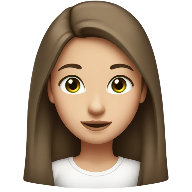 girl with long sleek brown hair, light green eyes and natural makeup. her facial expressions should be neutral with soft, arched eyebrows and a slight smile, wearing a white t-shirt. emoji