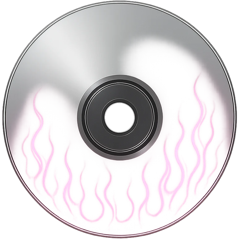 A minimalist CD disc with subtle pink flames, glowing effect, variation 2, style: general, shape: circle, color: silver emoji
