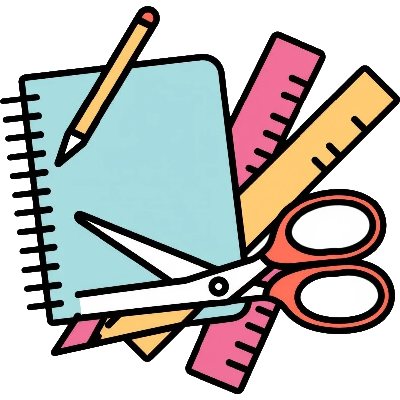School office supplies with pencil, pen, notebook, ruler, scissors emoji