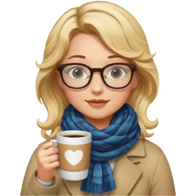 a girl drink with blonde wavy hair, wearing glasses, having scarf, drink coffee emoji