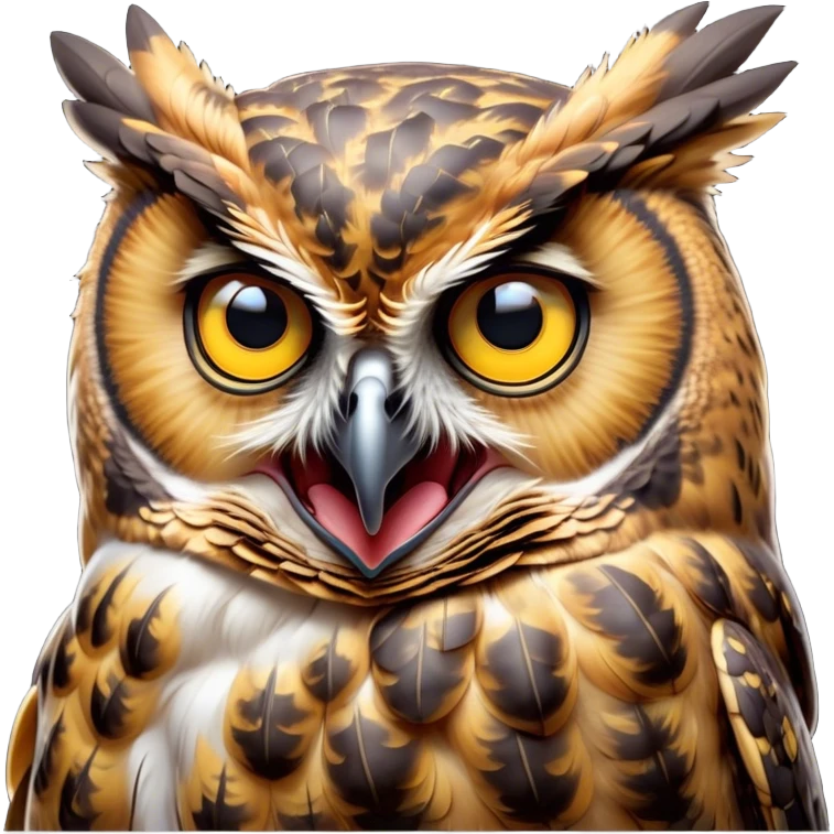 Cinematic Comical Great Horned Owl Portrait Emoji, Head tilted dramatically with an exaggeratedly amused expression, featuring a strikingly patterned mottled plumage with bold contrasts, wide, expressive golden eyes filled with playful disbelief, Simplified yet hilariously expressive features, highly detailed, glowing with a slightly sassy glow, high shine, dramatic yet playful, stylized with an air of cheeky nocturnal mischief, bright and endearing, soft glowing outline, capturing the essence of a spirited and over-the-top owl, so meme-worthy it feels like it could hoot its way into internet fame instantly! emoji
