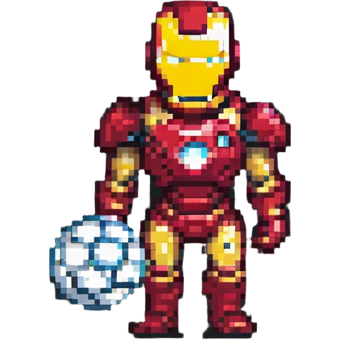 Ironman holding a soccer ball, pixel art style emoji