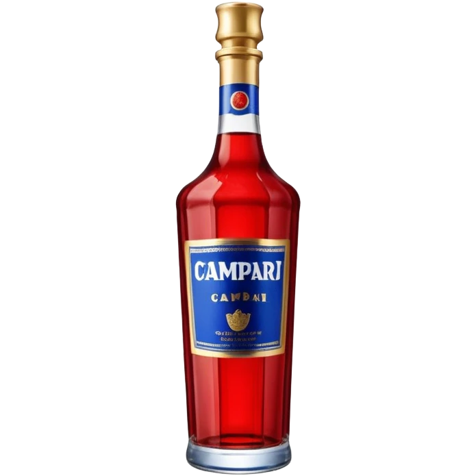 A tall red Campari bottle with a gold cap, bold blue-and-white label, and textured ridged glass at the bottom. Glossy, elegant, iconic look. emoji