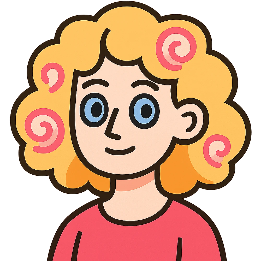 pale girl with medium-length curly blonde hair and baby pink swirls emoji