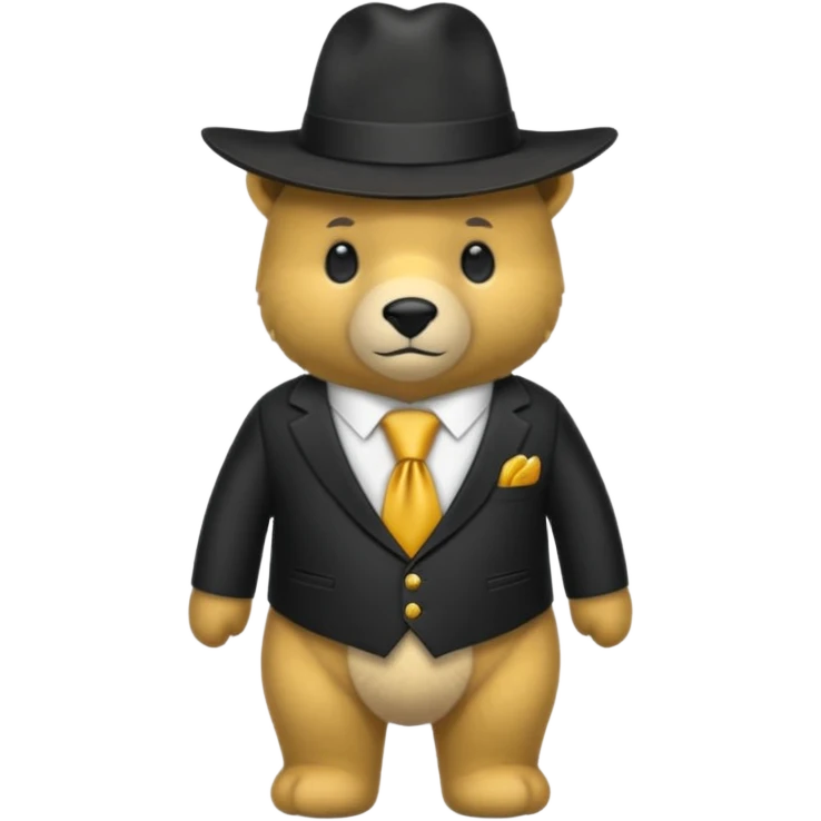 Oso dorado con un sombrero negro y fn su cuello un moño negro emoji
